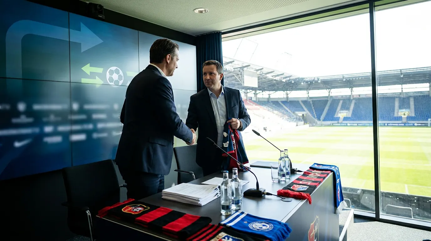 Mesa de negociação de transferências do mercado da bola do futebol brasileiro com contrato e caneta em destaque