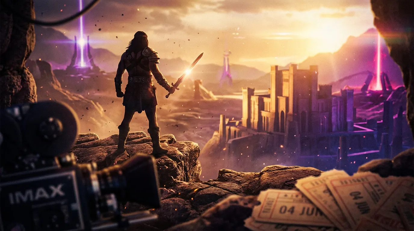 Nicholas Galitzine como He-Man no Sky Sled com a Espada do Poder erguida, céu de Eternia ao fundo — novo pôster estilo IMAX de Mestres do Universo 2026