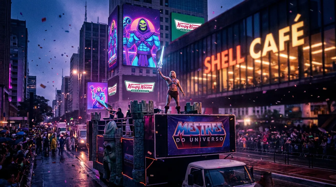 Nicholas Galitzine como He-Man com a Espada do Poder em frente ao skyline de São Paulo — campanha do live-action Mestres do Universo 2026