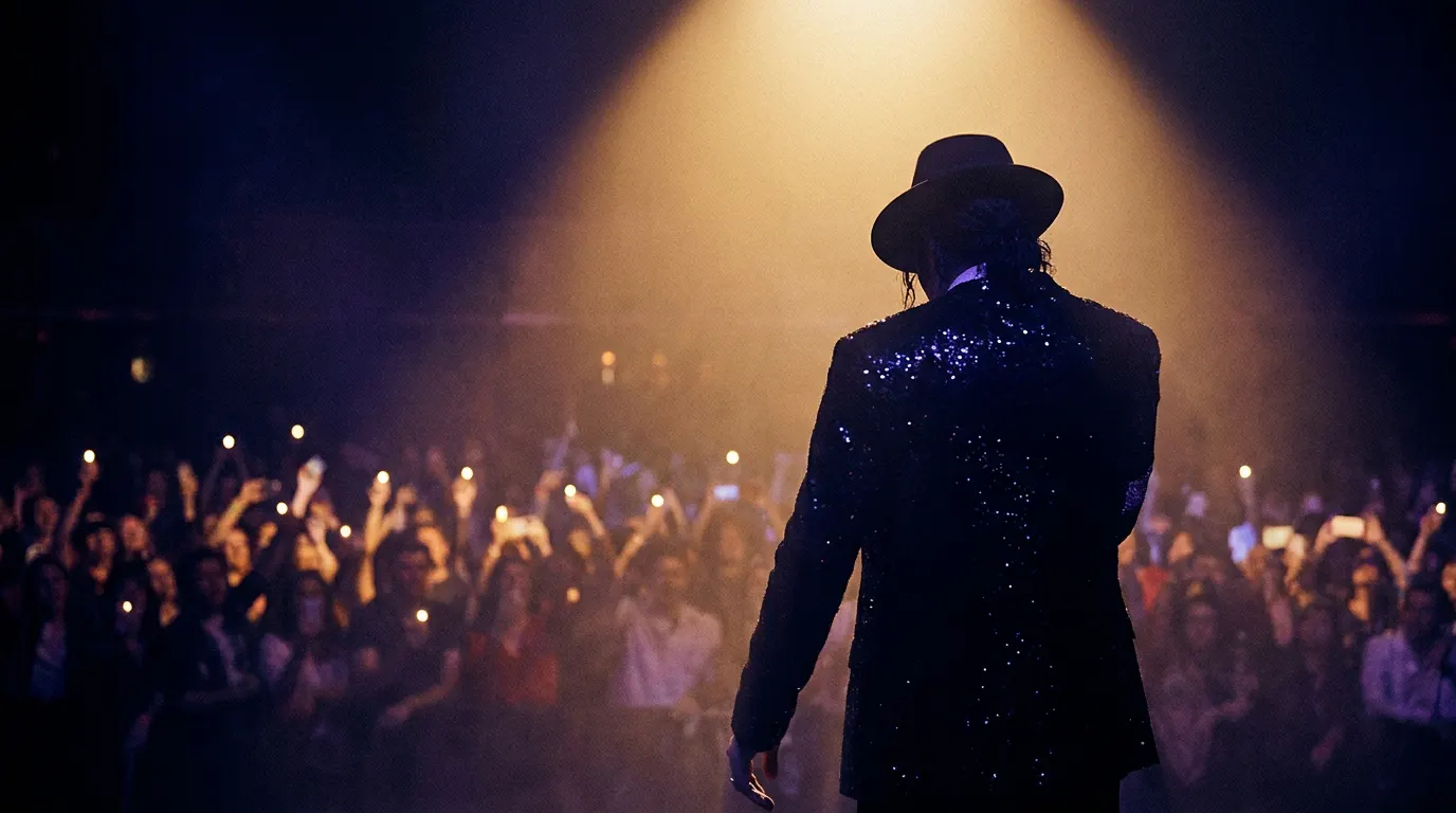 Jaafar Jackson interpretando Michael Jackson no palco com jaqueta militar prateada e luva branca na cinebiografia Michael (2026)