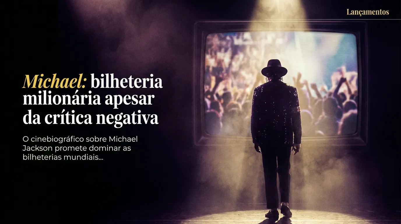 Silhueta de artista no palco com chapéu fedora e luva branca, referência visual ao cinebiográfico Michael Jackson