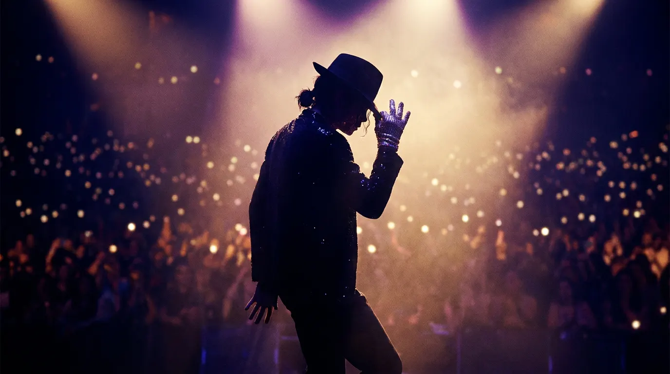 Jaafar Jackson como Michael Jackson executando o moonwalk no filme Michael de 2026, com jaqueta militar de paetês e luva branca icônica