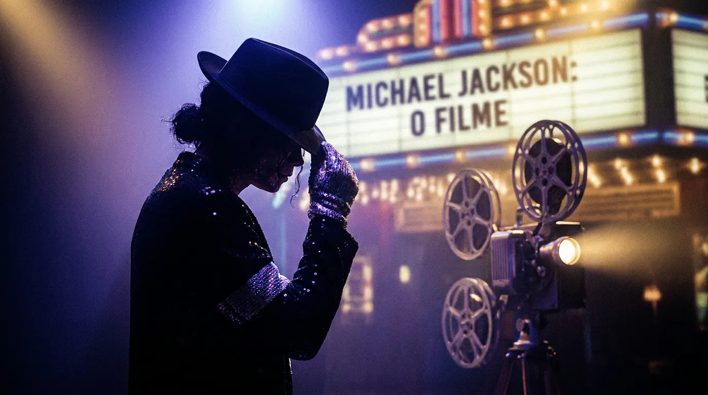 Silhueta icônica de dançarino em moonwalk no palco com holofote dramático, evocando o estilo visual do filme biográfico de Michael Jackson