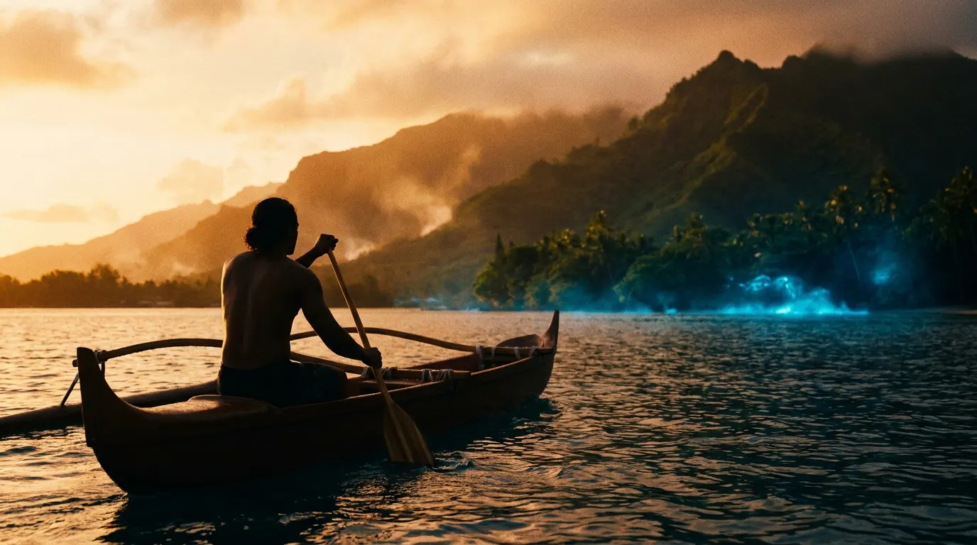 Catherine Laga'aia como Moana no live-action da Disney de 2026, em cena no oceano com figurino original polinésio