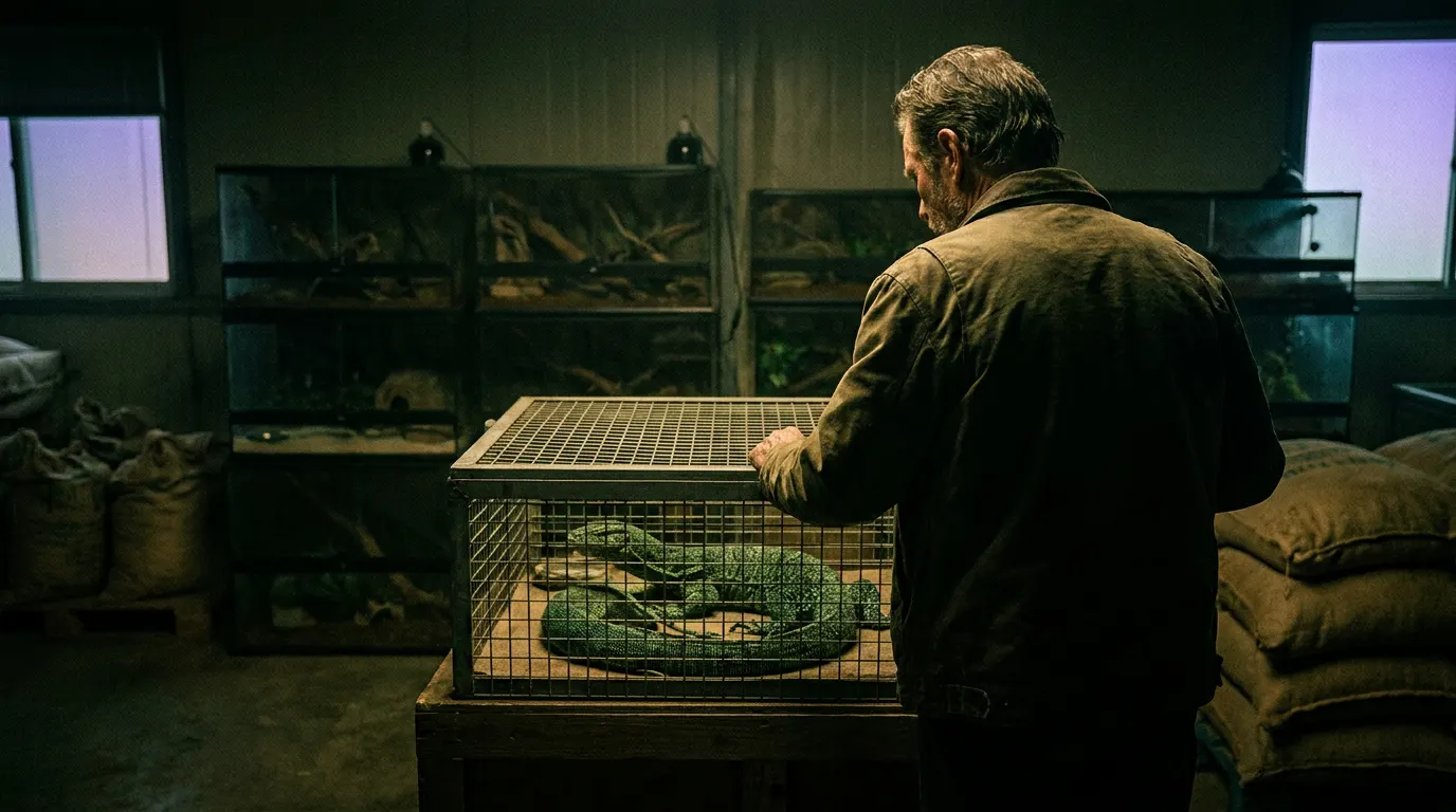 Cena de submundo do tráfico de répteis em Monstros de Deus, série documental da HBO Max de 2026 dirigida por Eric Goode