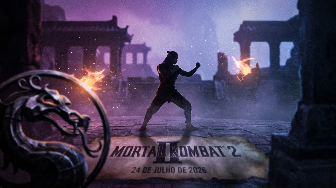 Karl Urban como Johnny Cage no torneio de Mortal Kombat II, com Shao Kahn ao fundo na arena de Outworld