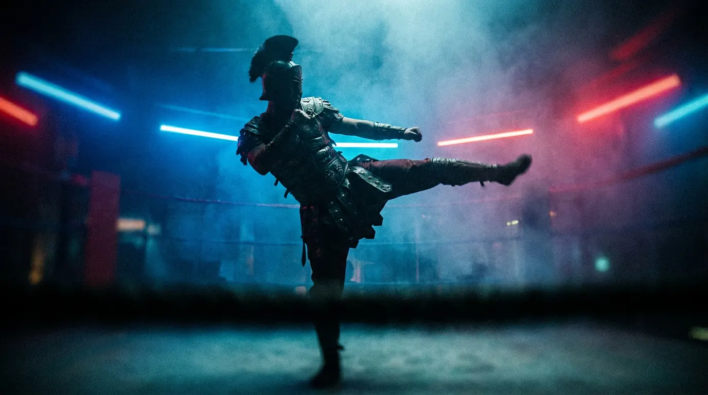 Karl Urban como Johnny Cage no filme Mortal Kombat 2 (2026) em arena do Torneio de Mortal Kombat