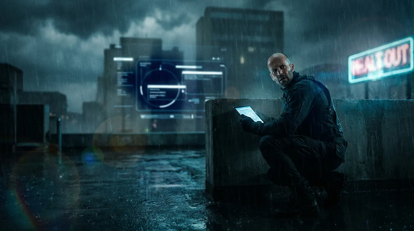 Jason Statham como Cole Reed no deck de navio cargueiro em Mutiny, filme de ação de 2026 da Lionsgate
