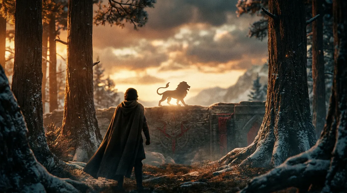 Cena épica do filme Nárnia: O Sobrinho do Mago, com Digory e Polly no bosque mágico entre mundos, estilo IMAX cinematográfico de Greta Gerwig