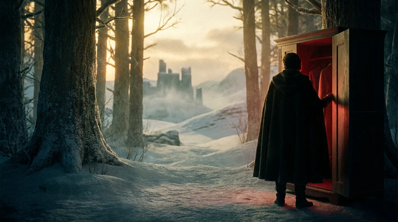 Porta de guarda-roupa aberta revelando floresta nevada de Nárnia com poste iluminado ao fundo, estética cinematográfica de fantasia
