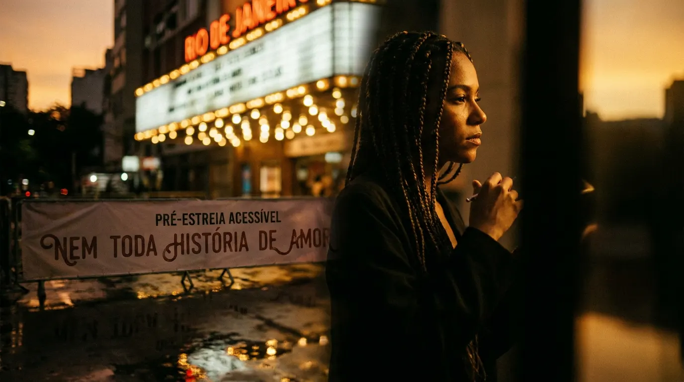 Cena cinematográfica do filme Nem Toda História de Amor Acaba em Morte com protagonista surda se comunicando em Libras no Rio de Janeiro