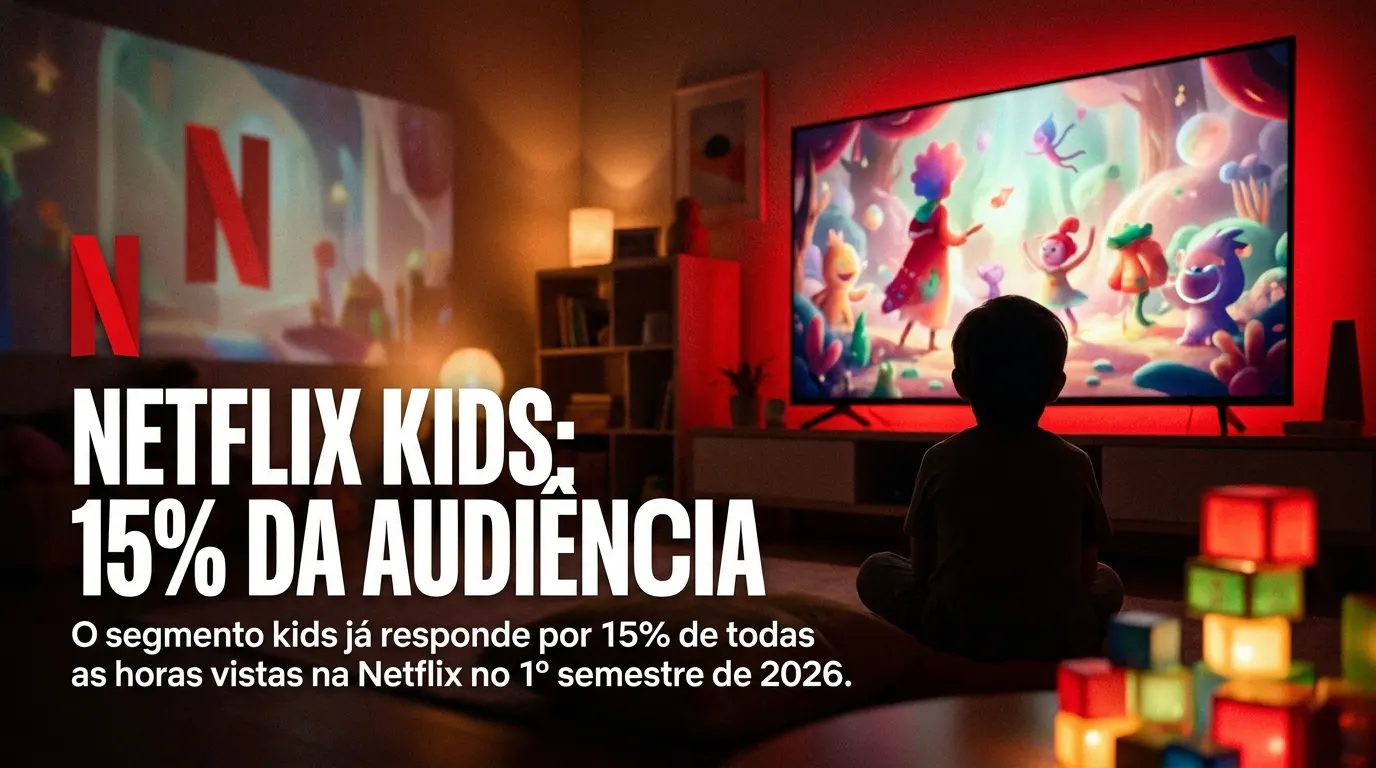 Criança assistindo conteúdo infantil na Netflix em sala de estar — audiência kids cresce em 2026