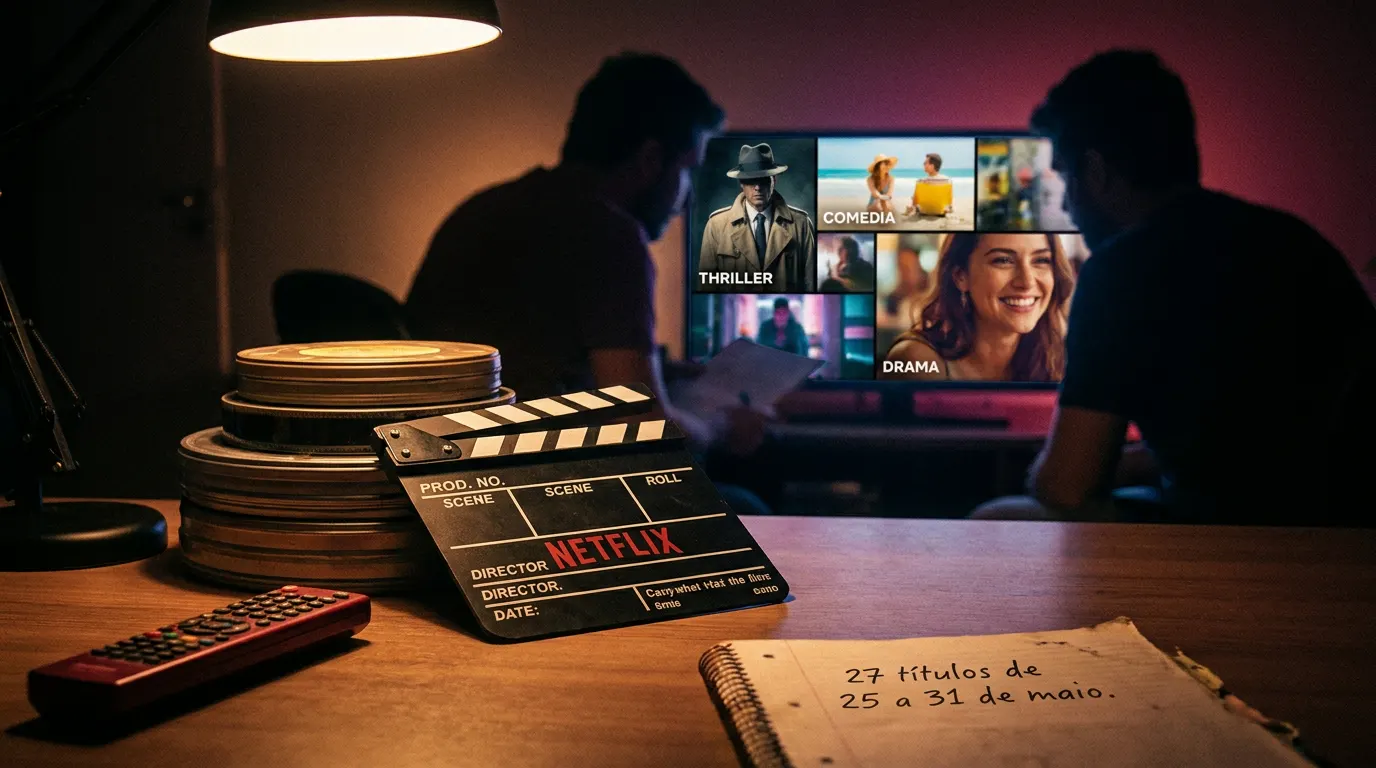 Colagem de lançamentos da Netflix na semana de 25 a 31 de maio de 2026 com Manual de Assassinato, Rafa e Vizinhos