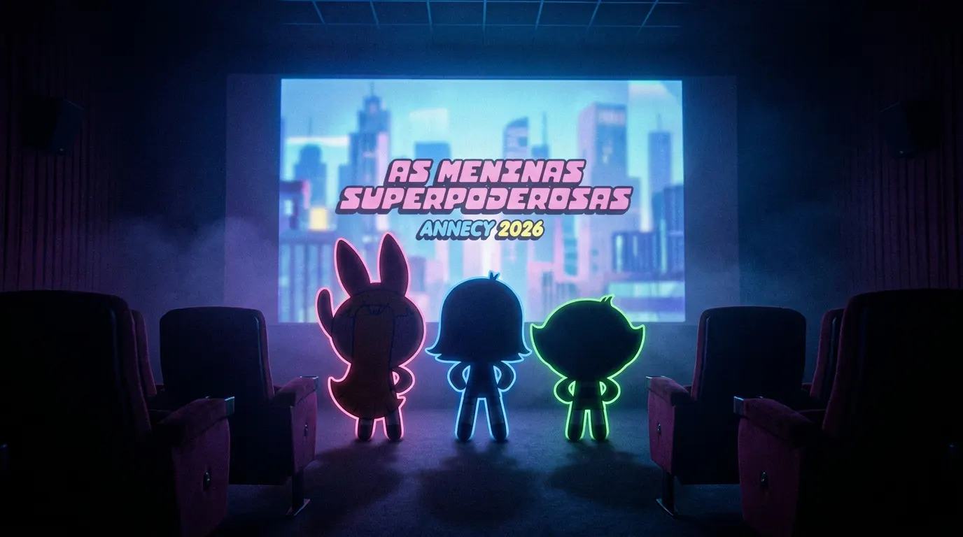 Florzinha, Lindinha e Docinho voando sobre Townsville no novo filme animado de As Meninas Superpoderosas anunciado pela Warner Bros. no Annecy 2026