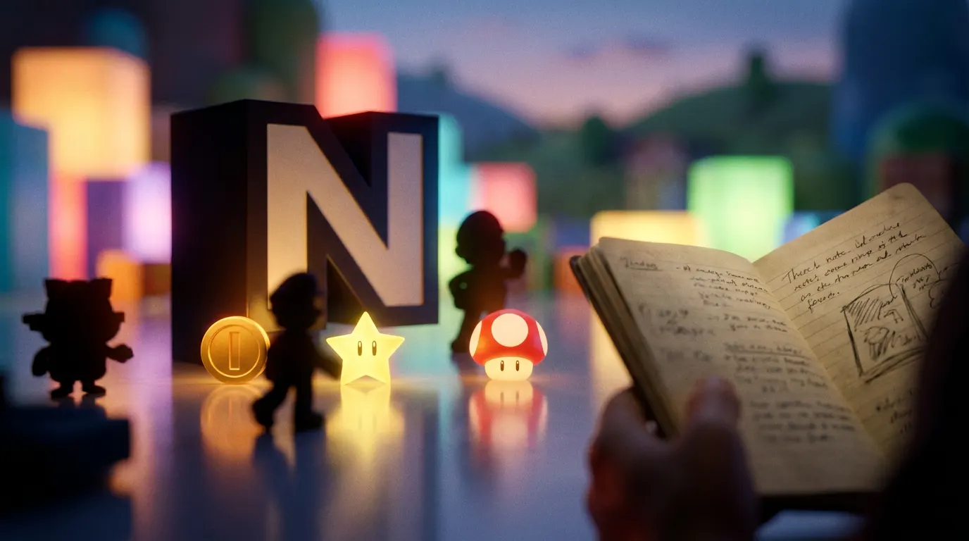 Ilustração animada de um mundo fantástico colorido evocando universos de videogame, com castelo, paisagens vibrantes e personagens em silhueta — novo filme animado Nintendo 2028