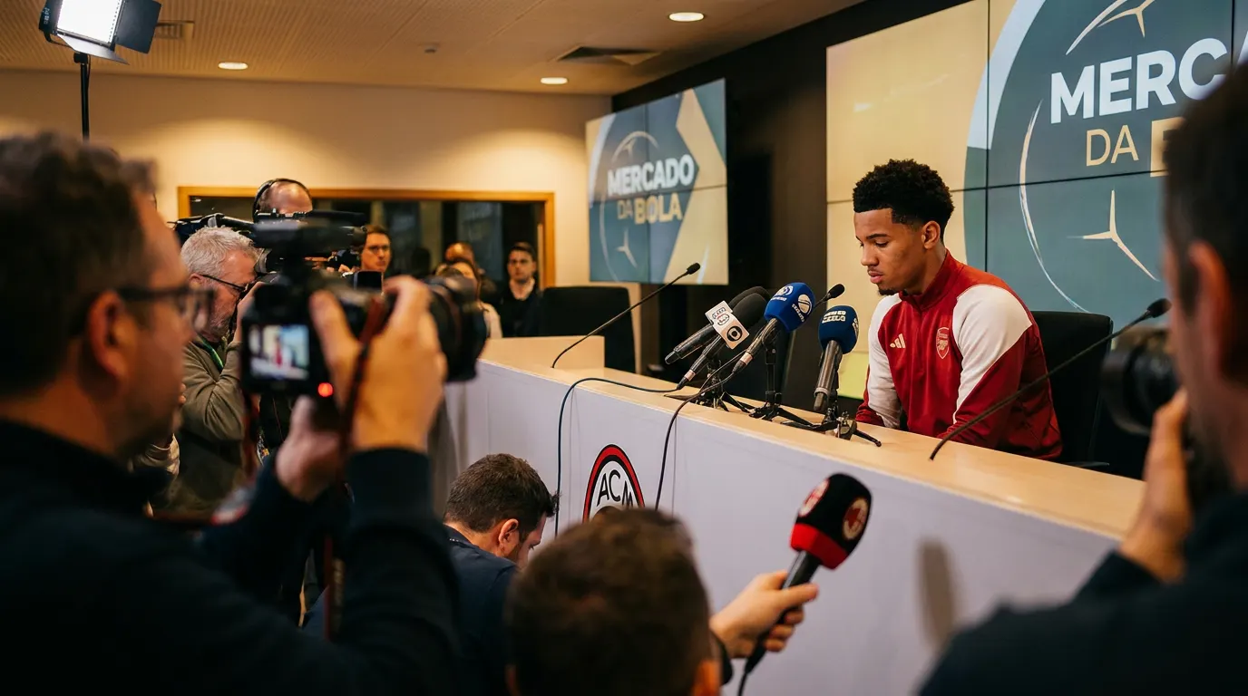 Ethan Nwaneri no Emirates Stadium com a camisa do Arsenal, em noite de transferência incerta no mercado da bola 2026