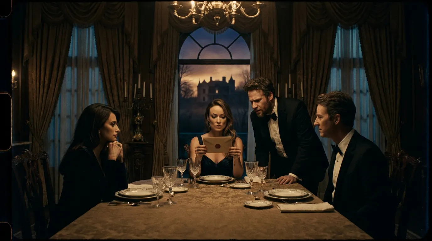 Seth Rogen e Olivia Wilde como o casal Joe e Angela em O Convite (2026), jantar tenso com Edward Norton e Penélope Cruz ao fundo