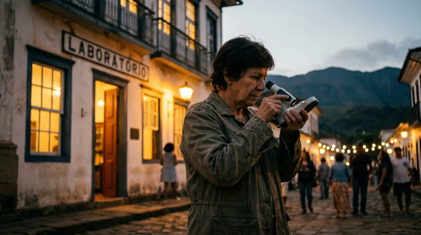 Jovem inventor brasileiro em frente à arquitetura histórica de Cruzeiro (SP), cenário do filme O Fantástico Laboratório