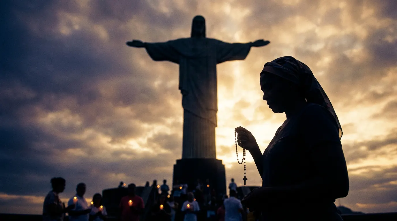 Myrian Rios no lançamento de O Poder do Rosário no Cristo Redentor, Rio de Janeiro — cinema de fé brasileiro 2026