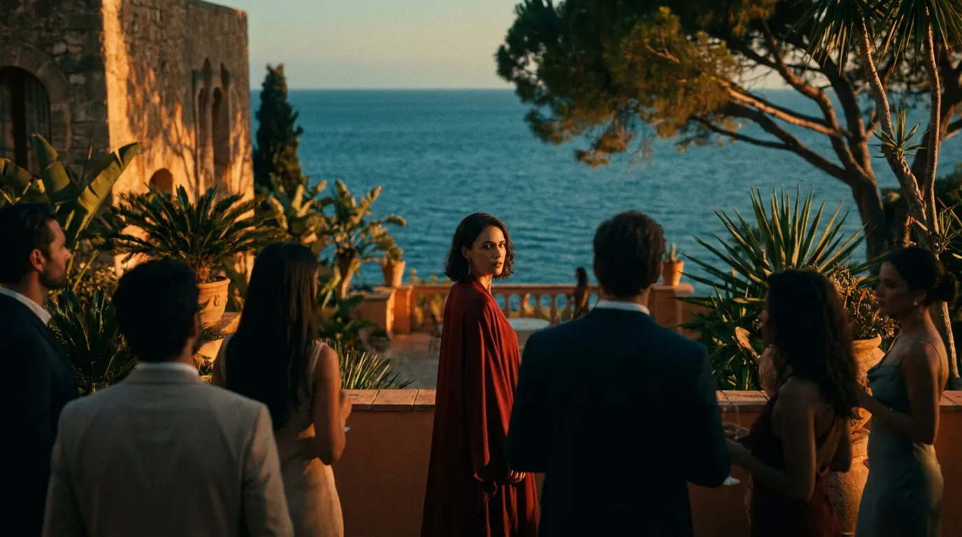 Ana Garcés e Tomy Aguilera na série espanhola Oasis da Netflix, resort de luxo em Tenerife ao pôr do sol