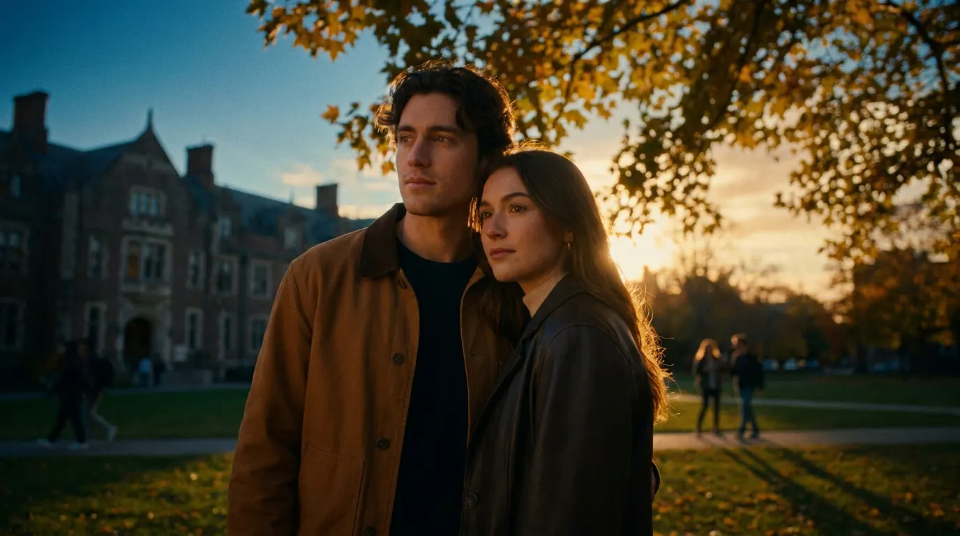 Ella Bright e Belmont Cameli como Hannah e Garrett em Off Campus: Amores Improváveis no Prime Video, em frente à pista de hóquei da Briar University