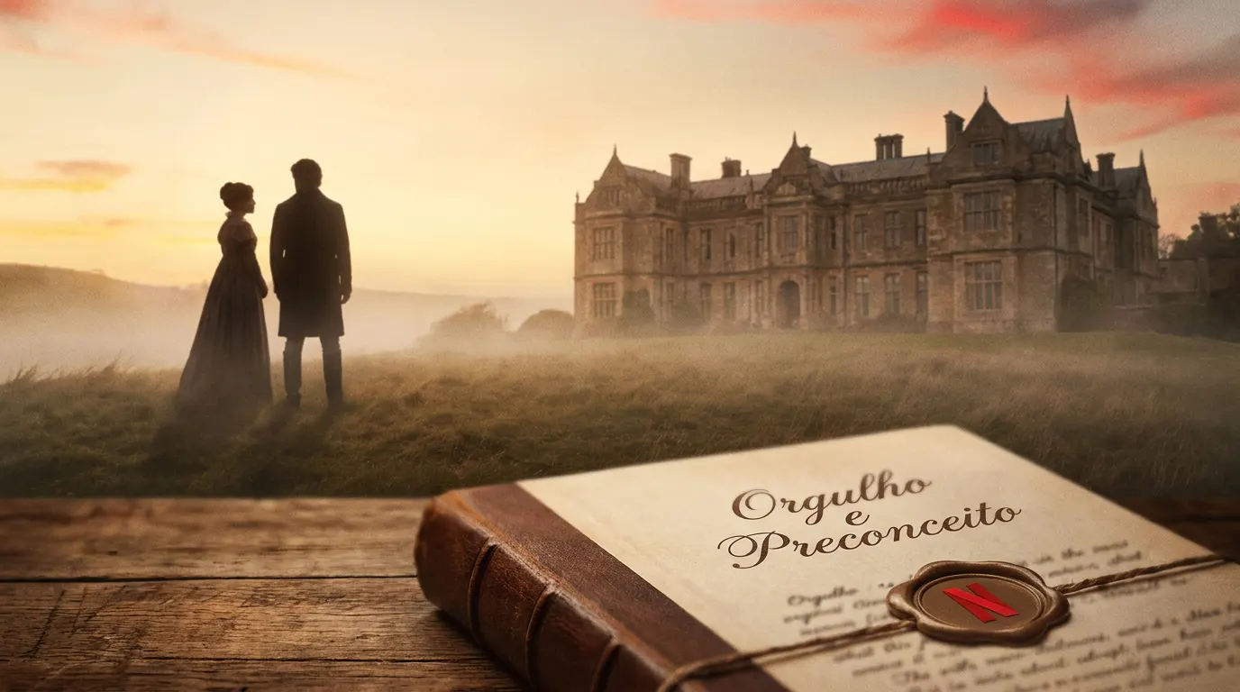 Emma Corrin como Elizabeth Bennet na minissérie Orgulho e Preconceito da Netflix, de época, em cenário campestre inglês