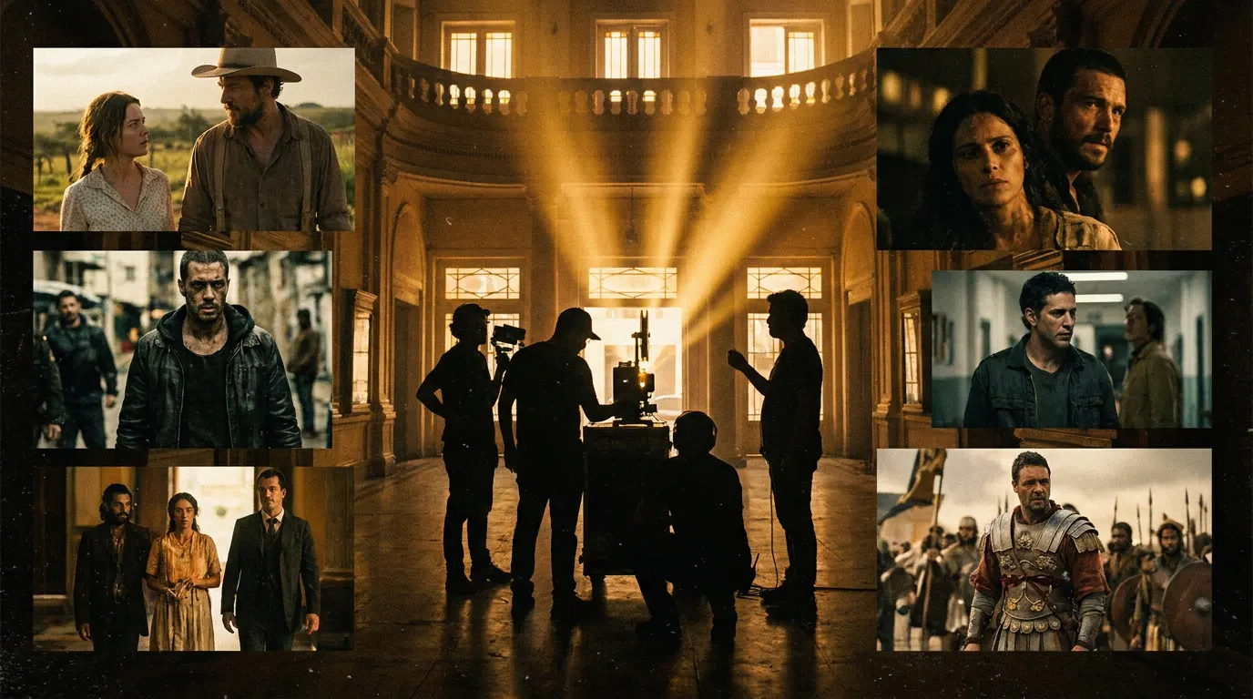 Composição cinematográfica evocando o cinema brasileiro na corrida pelo Oscar 2027, com cenários nacionais e estatueta ao fundo