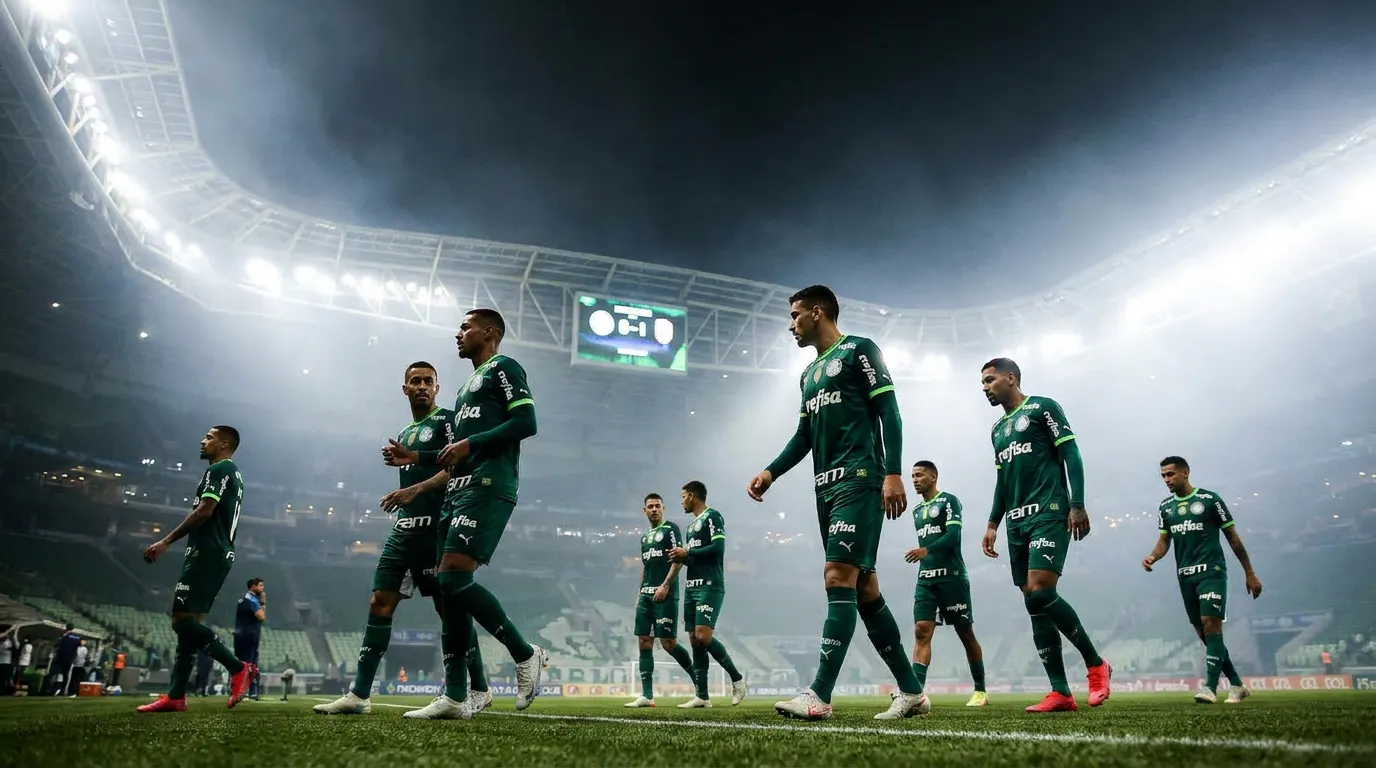 Estádio lotado à noite com troféu da Libertadores ao fundo e torcida do Palmeiras vibrando nas arquibancadas