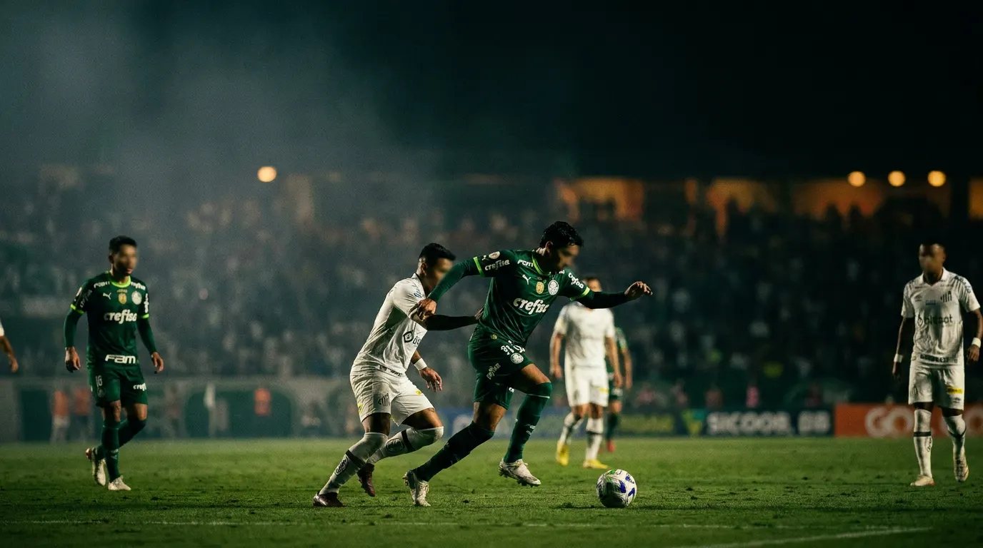 Estádio lotado à noite durante clássico paulista Palmeiras x Santos no Brasileirão