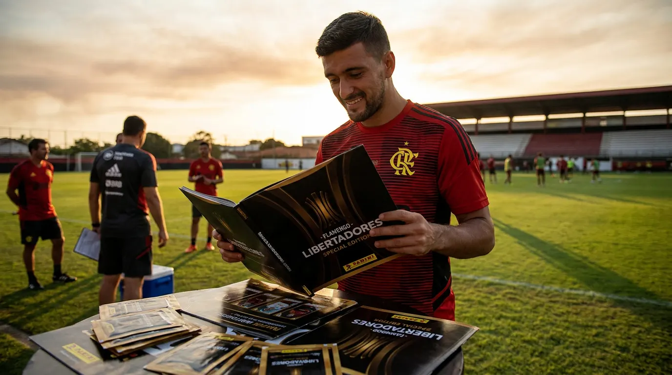 Pedro, atacante do Flamengo, segurando o álbum de figurinhas Panini da Libertadores 2026 com a camisa rubro-negra