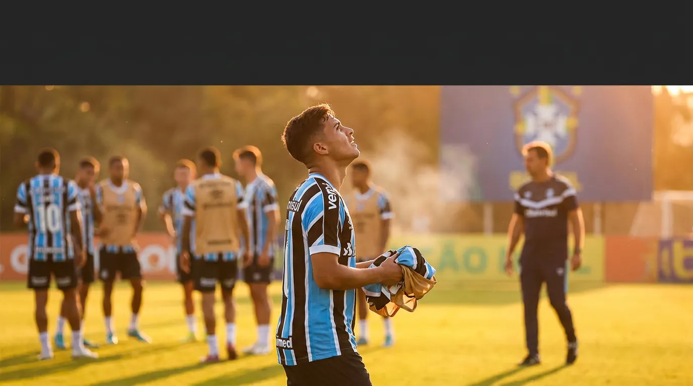 Lateral-esquerdo Pedro Gabriel do Grêmio segurando a camisa da Seleção Brasileira Sub-20 na Arena do Grêmio