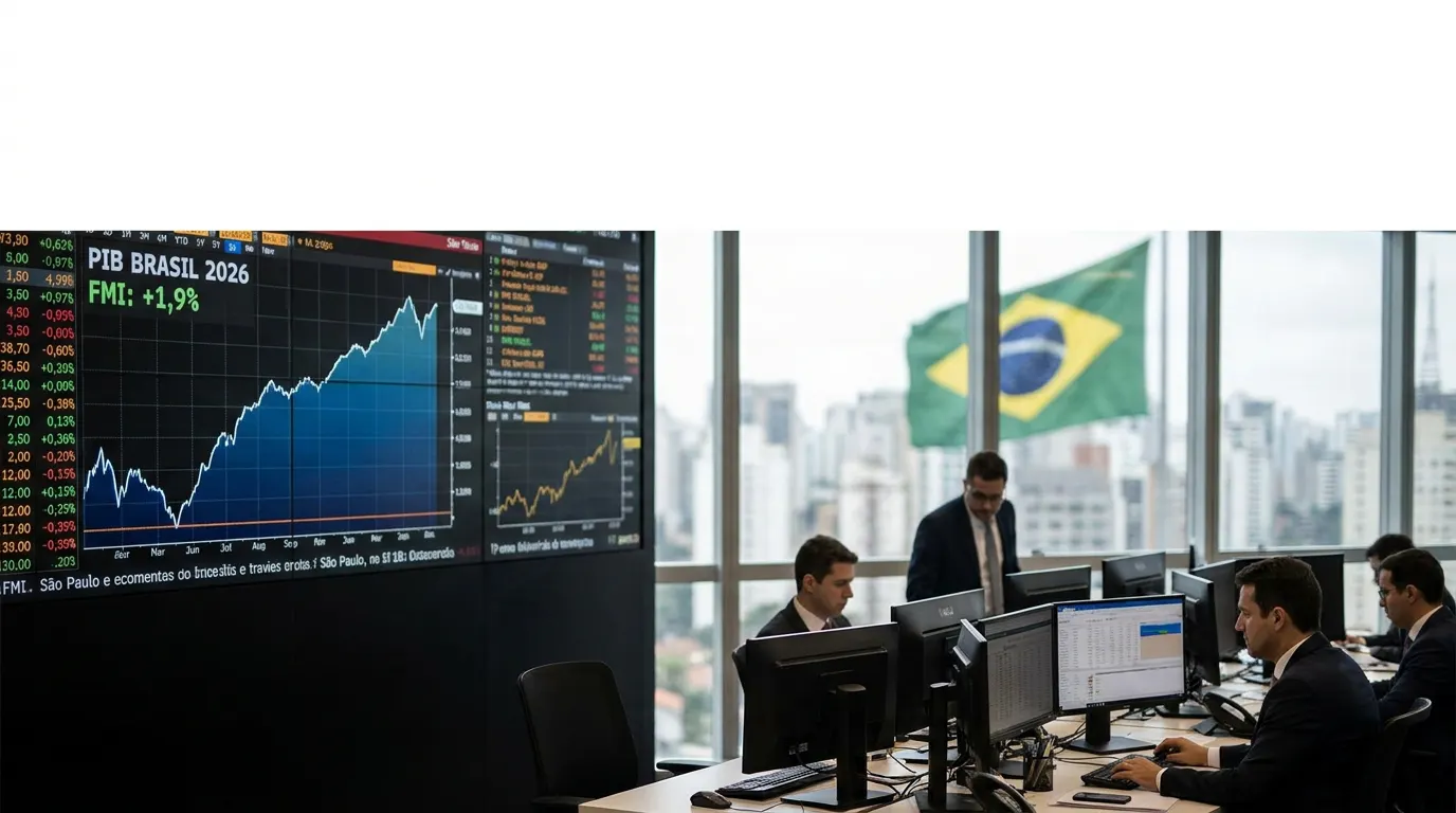Sede do Banco Central do Brasil em Brasília, com gráfico de crescimento do PIB brasileiro em 2026