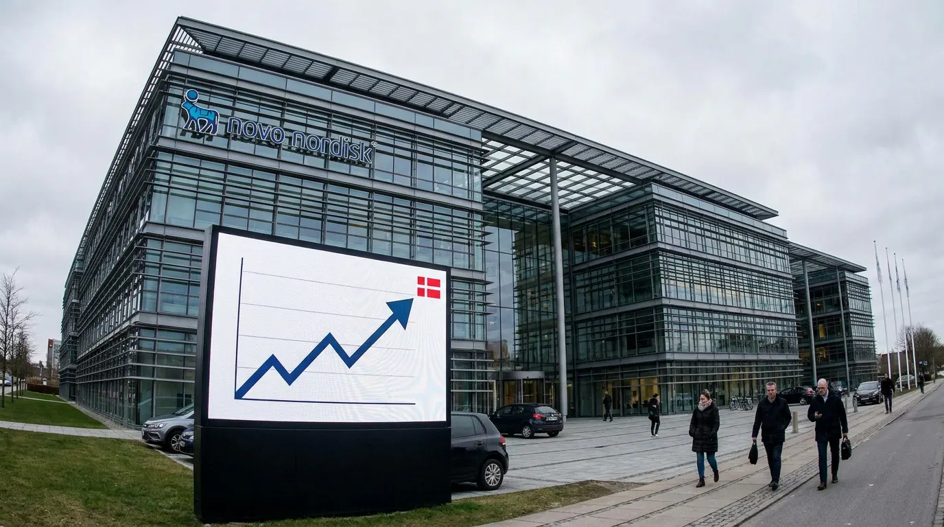 Sede da Novo Nordisk na Dinamarca com caneta emagrecedora Ozempic em destaque, simbolizando o impacto da farmacêutica no PIB do país