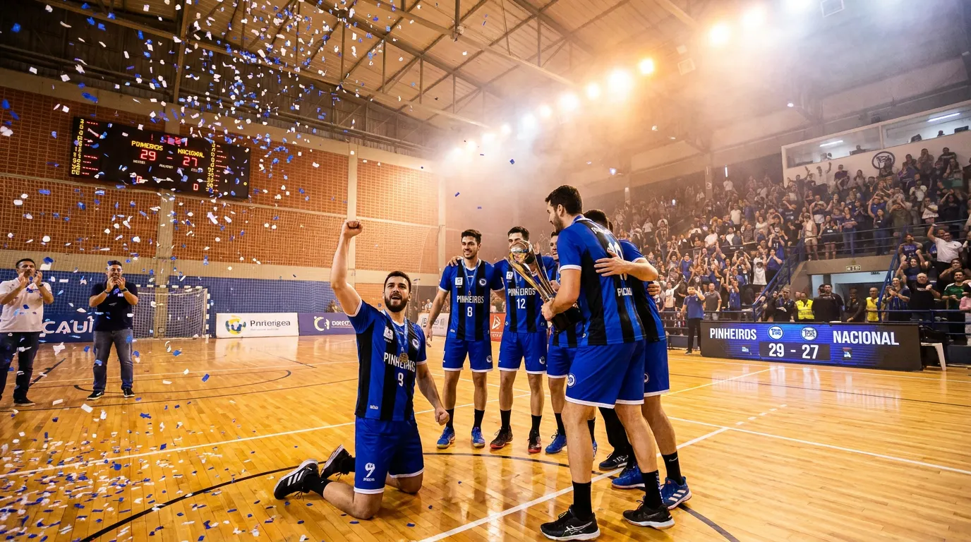 Jogador do Pinheiros comemorando o título do Sul-Centro-Americano de Handebol Masculino 2026 com troféu em mãos