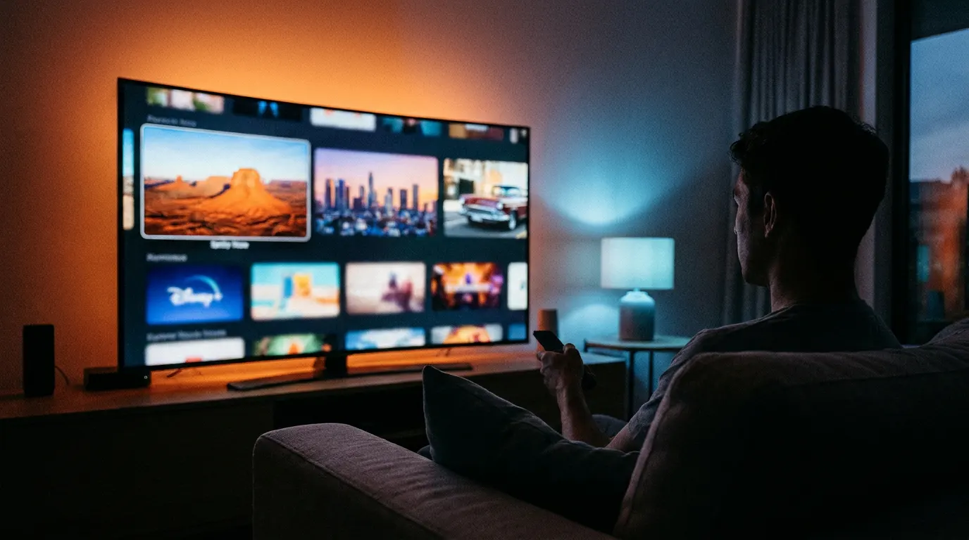Smart TV exibindo a nova interface da Pluto TV com carrosséis de filmes e séries em sala de estar moderna