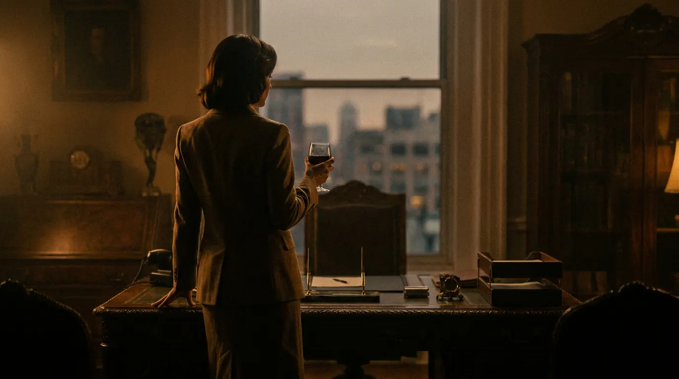 Cena cinematográfica inspirada em O Poderoso Chefão mostrando mulher italiana dos anos 60 como protagonista da família Corleone