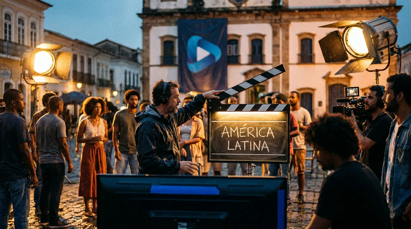 Equipe de produção filmando série original Prime Video na América Latina, com câmeras profissionais e iluminação cinematográfica