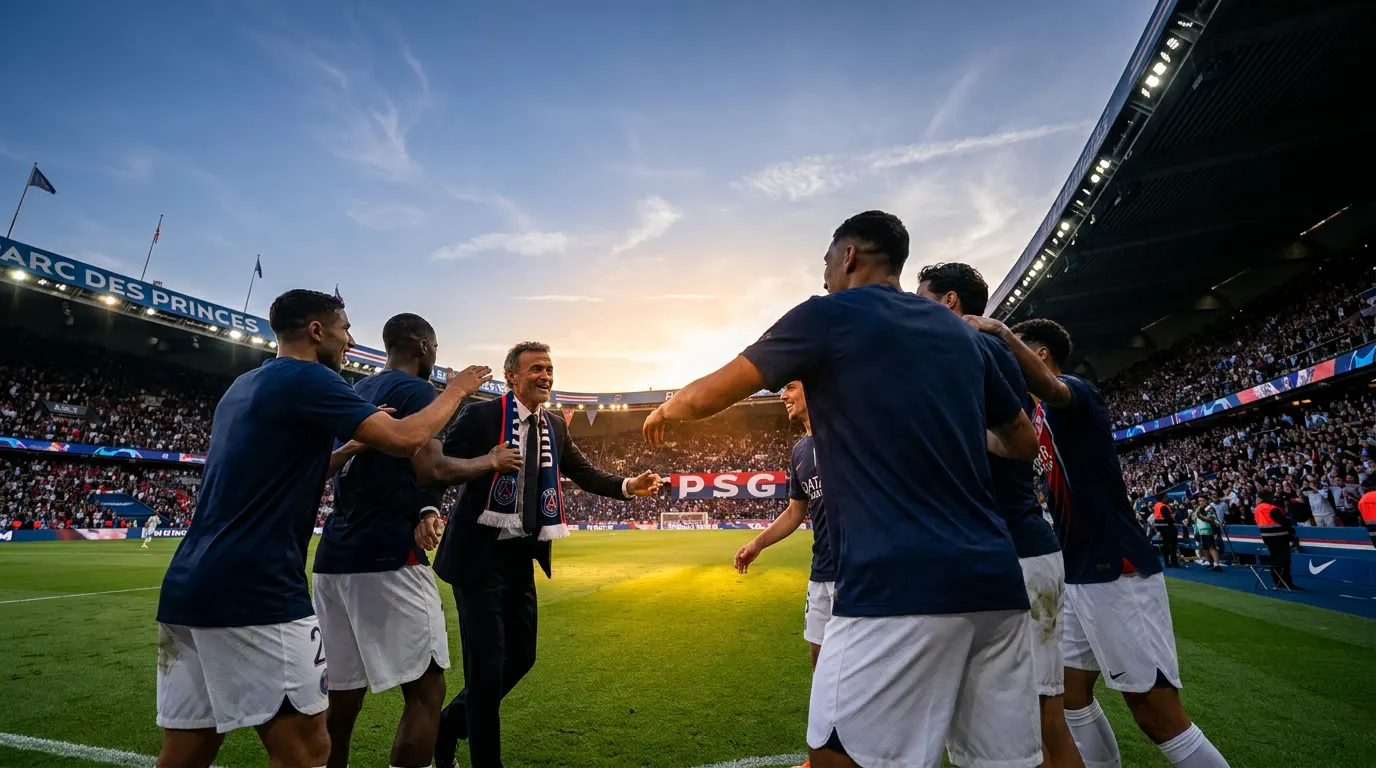Désiré Doué celebra gol pelo PSG usando a camisa oficial do clube no Parc des Princes, com torcida ao fundo — análise tática do campeão francês 2025-26