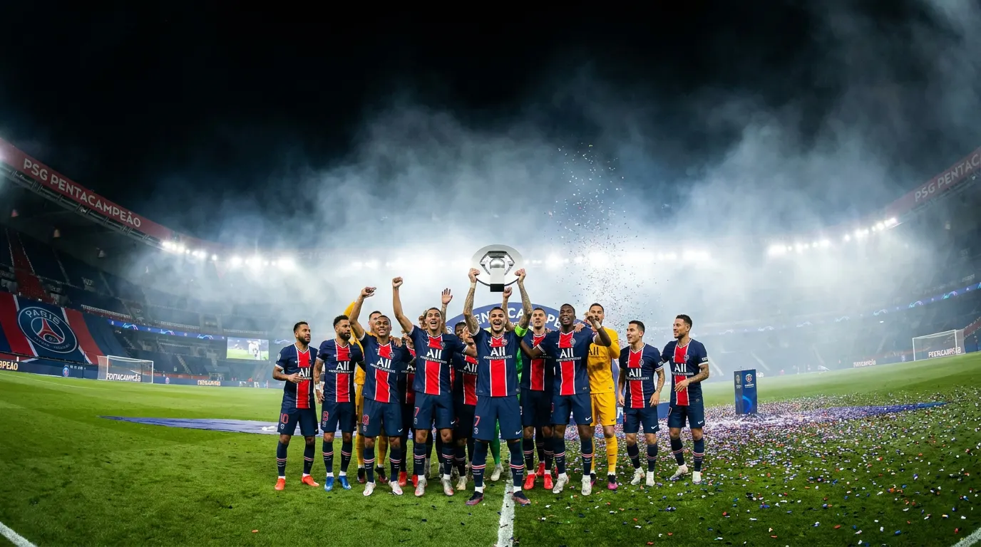 Kvaratskhelia celebra gol pelo PSG no Stade Bollaert-Delelis no título da Ligue 1 2025-26