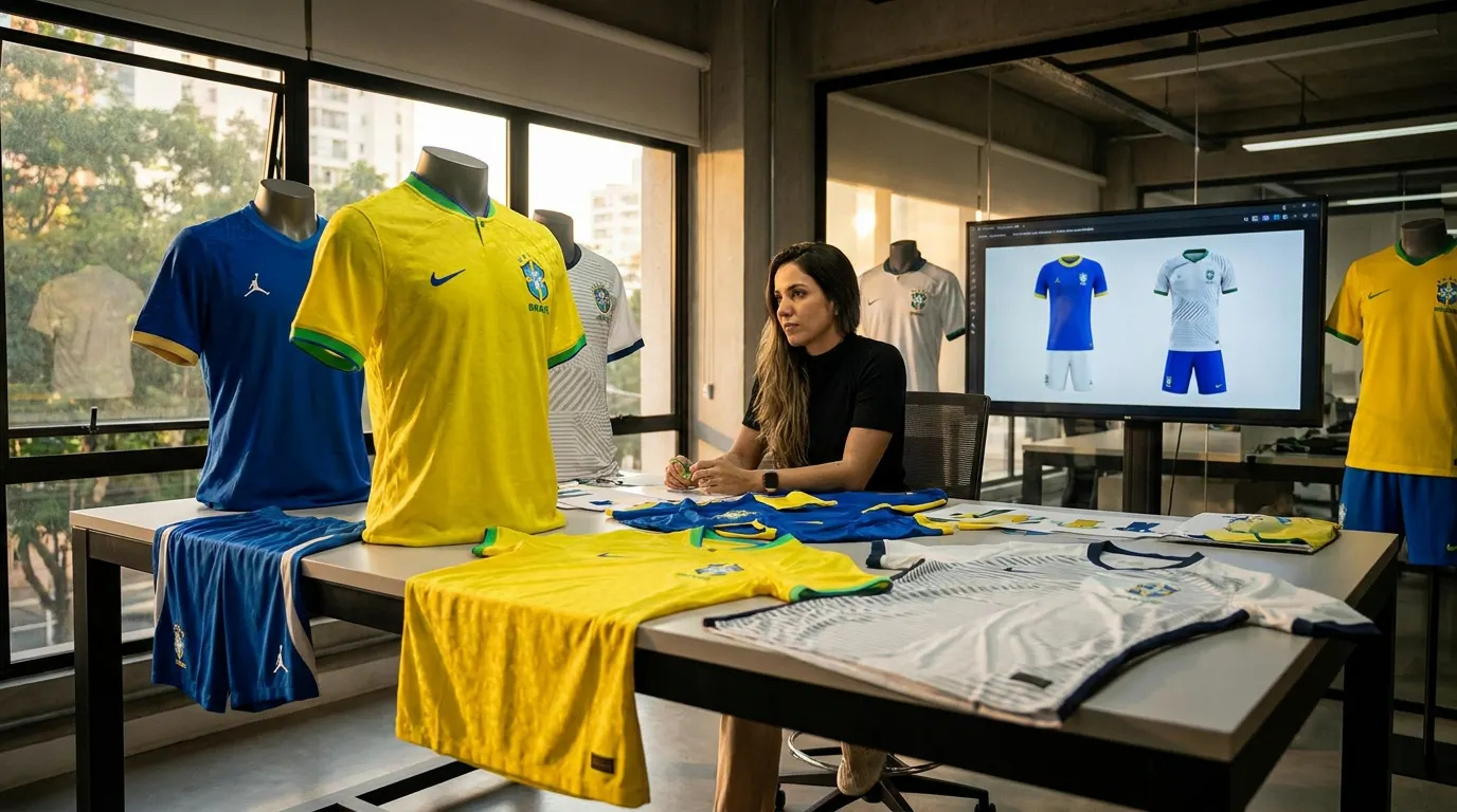 Conceitos de uniformes da seleção brasileira para a Copa do Mundo 2026 incluindo a amarelinha Nike e a camisa azul Jordan Brand