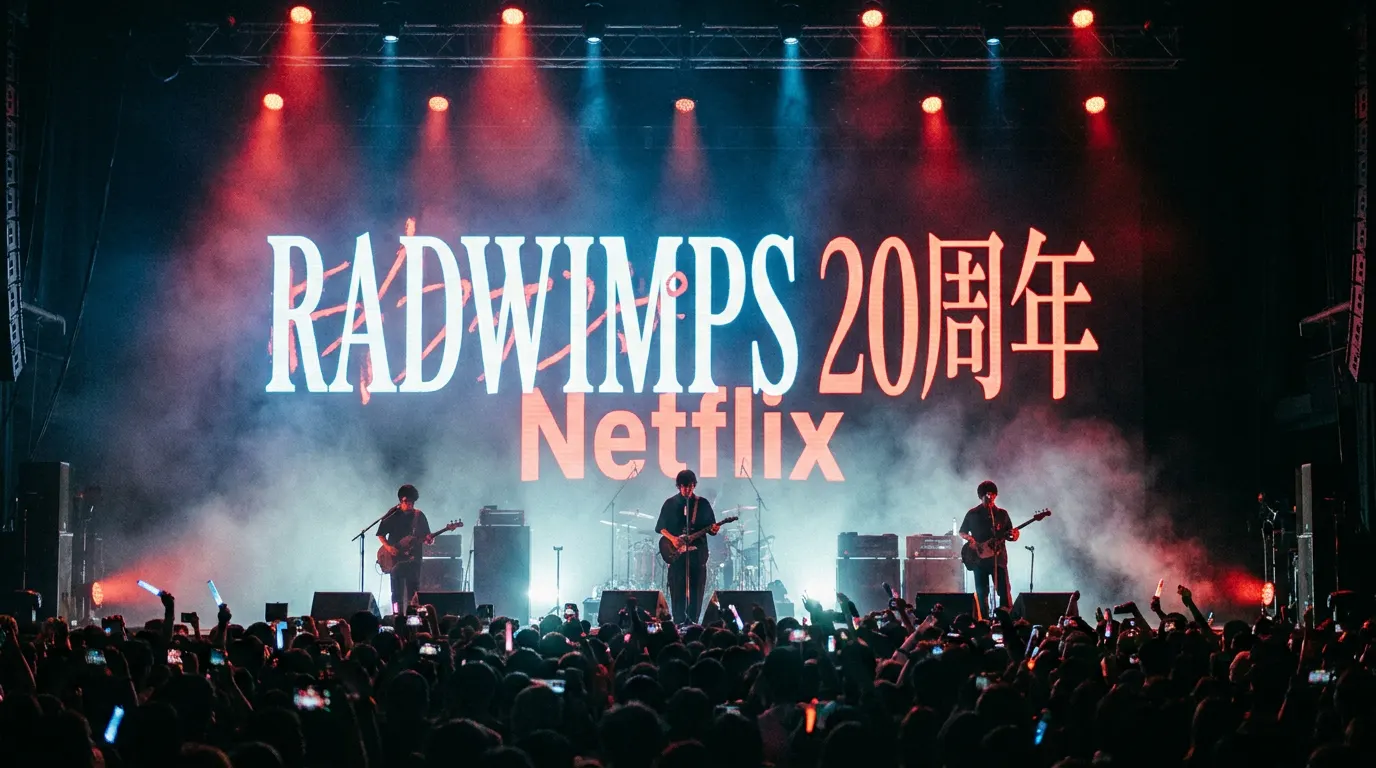 Yojiro Noda do RADWIMPS no palco da Ariake Arena durante o filme-concerto de 20 anos disponível na Netflix