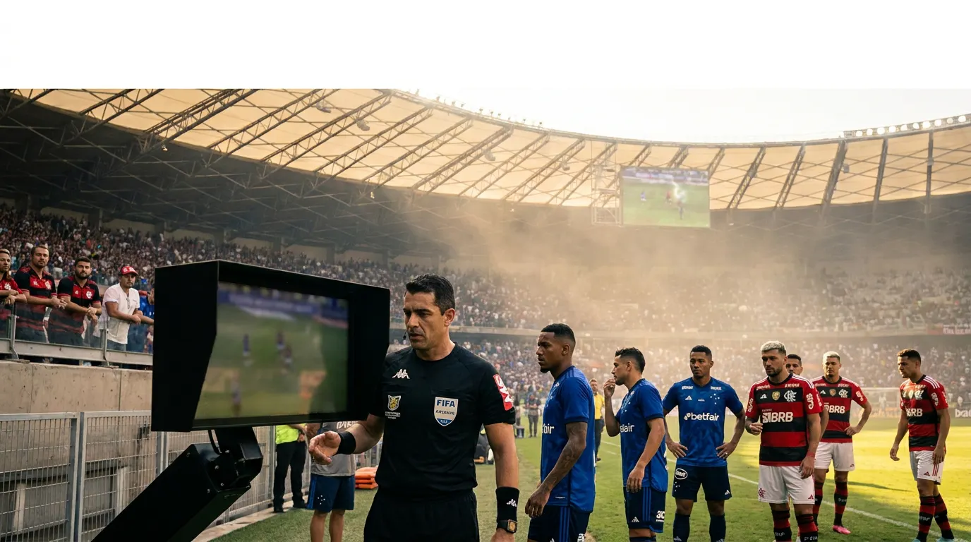 Árbitro consultando o monitor do VAR durante partida do Brasileirão 2026 com estádio lotado ao fundo