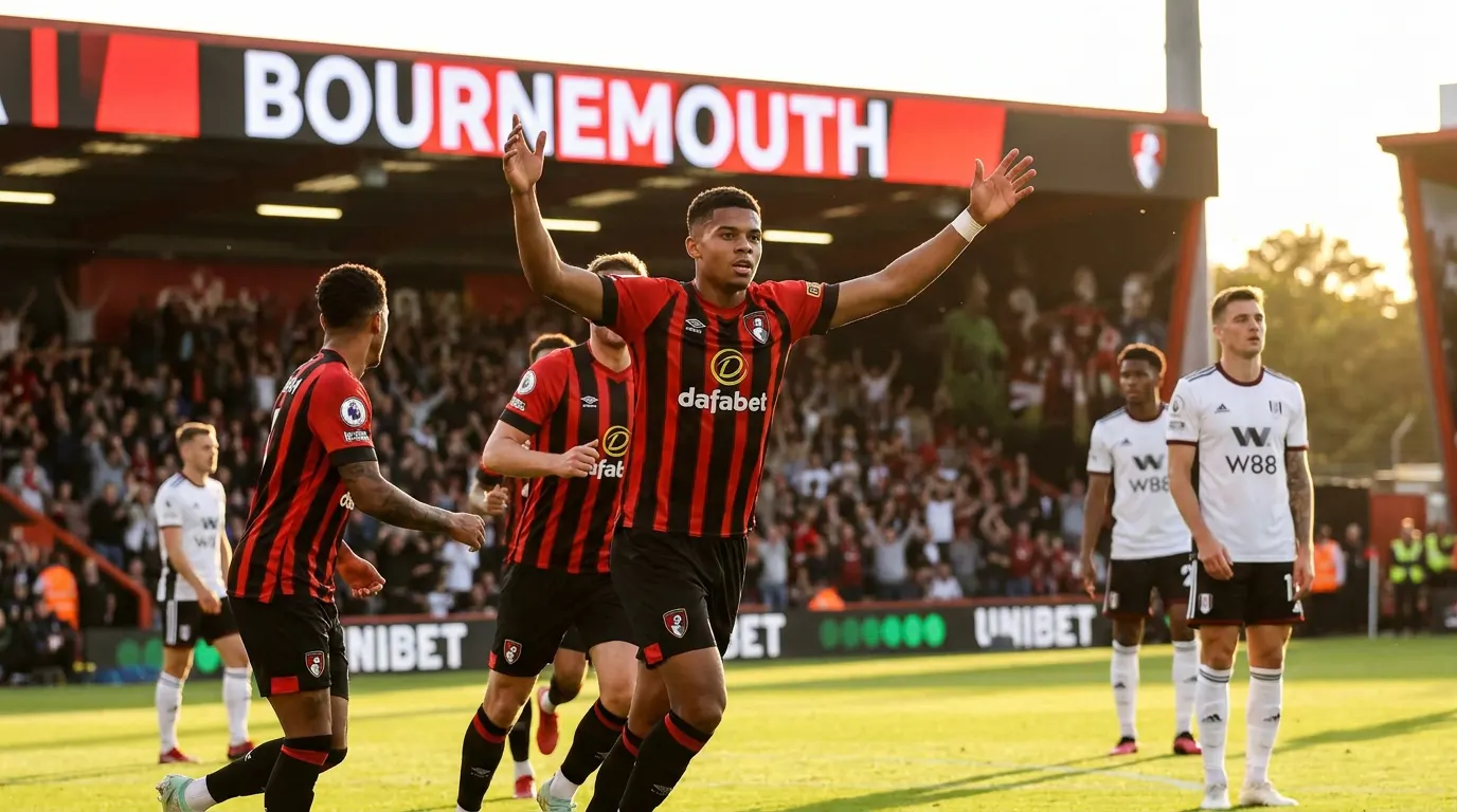 Rayan celebra gol pelo Bournemouth contra o Fulham na Premier League 2025-26 no Craven Cottage