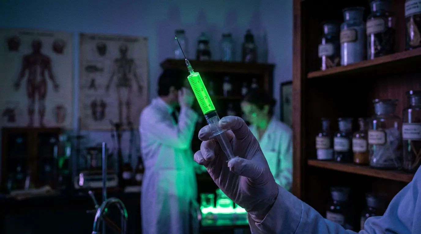 Laboratório sombrio universitário com seringa de soro verde brilhante — estética do filme Re-Animator