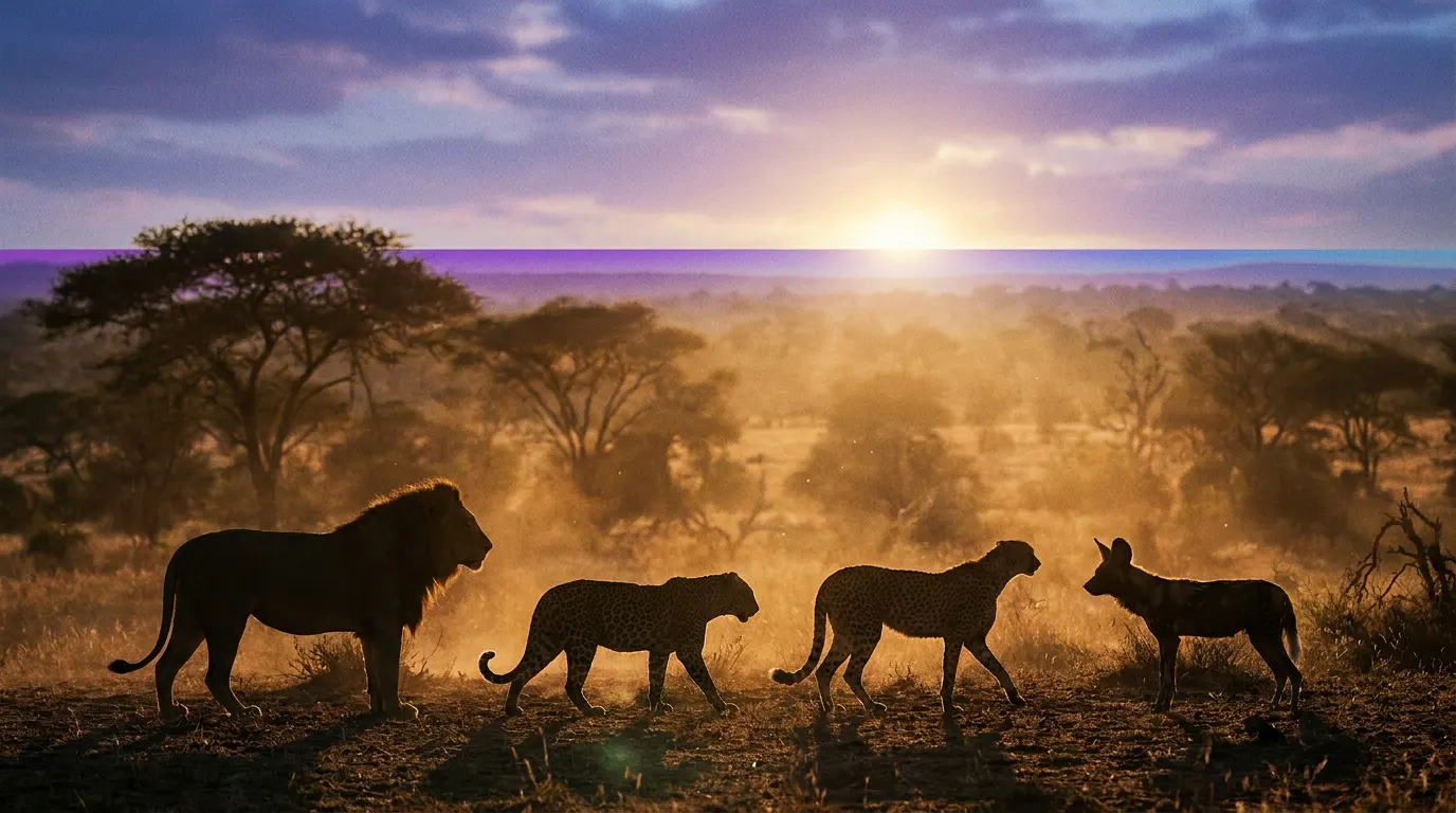Quatro predadoras rivais — leopardo, cão-selvagem, leoa e hiena — no Parque Nacional South Luangwa na Zâmbia, cenário da docussérie Reino Selvagem da BBC Studios