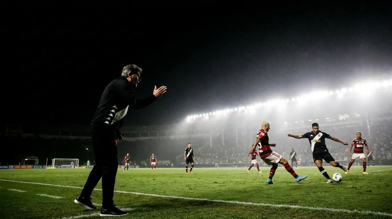 Estádio lotado à noite representando o clássico carioca Vasco e Flamengo no Brasileirão