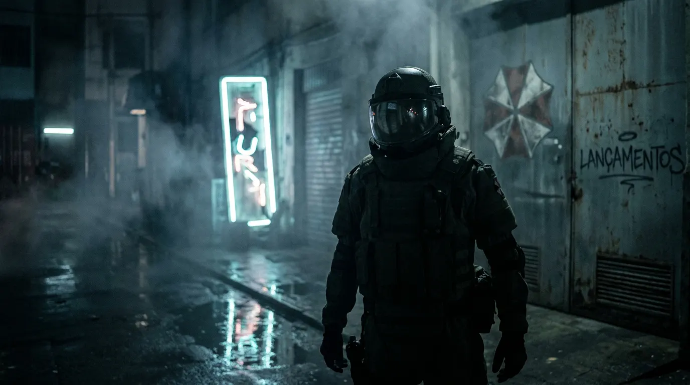 Austin Abrams como Bryan nas ruas noturnas e sombrias de Raccoon City no novo filme de Resident Evil (2026), dirigido por Zach Cregger