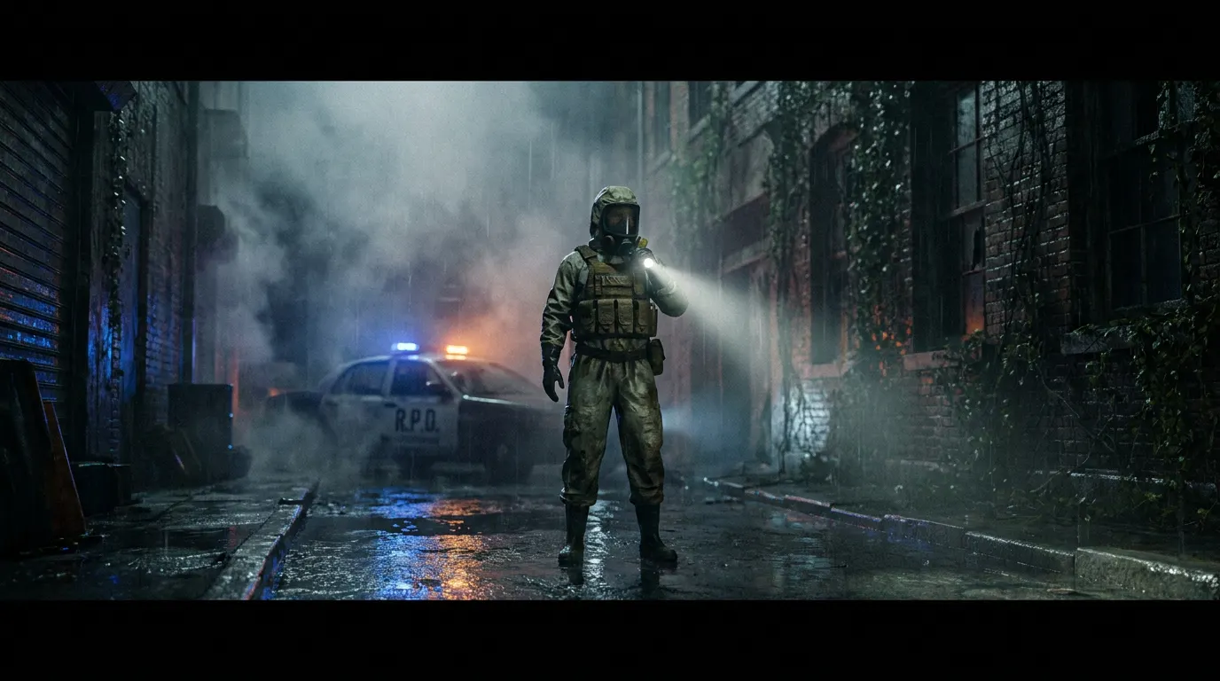 Austin Abrams como Bryan em cena do novo filme Resident Evil 2026, com Raccoon City em chamas ao fundo