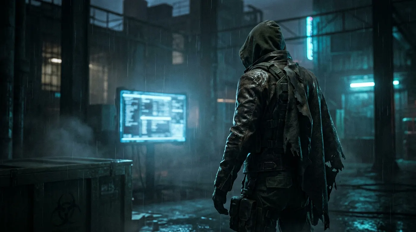 Austin Abrams como Bryan no corredor destruído de Raccoon City no reboot de Resident Evil 2026, com sombra de Milla Jovovich como Alice ao fundo — guia de filmes live-action no streaming