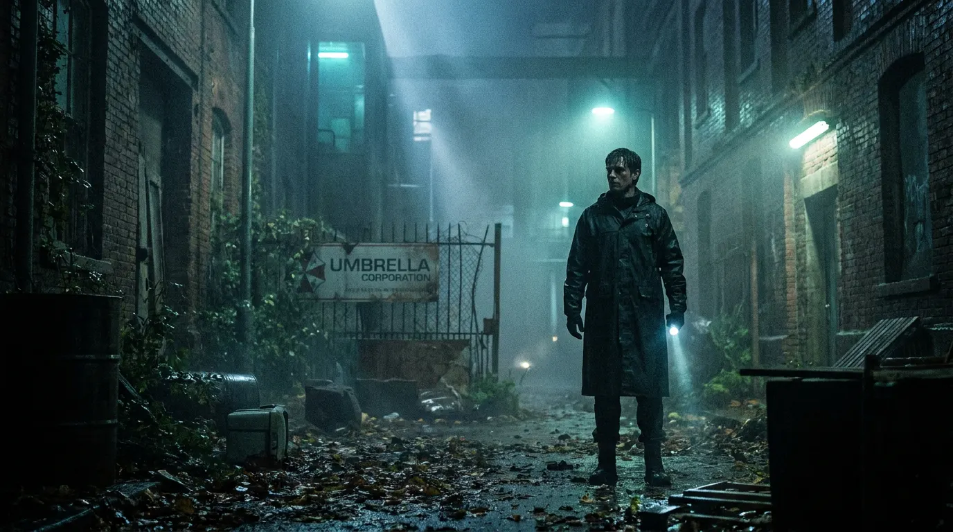 Austin Abrams como Bryan nas ruas destruídas de Raccoon City no novo filme Resident Evil 2026